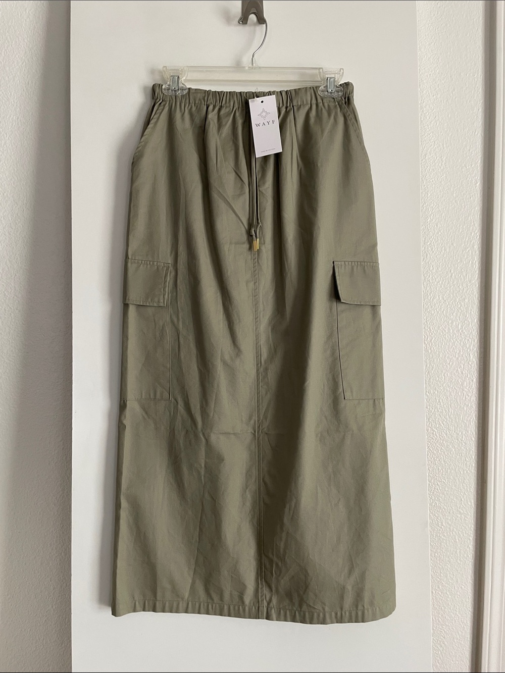 WAYF Cotton Khaki High Waist Straight Cargo Midi Skirt Slit Back NWT
